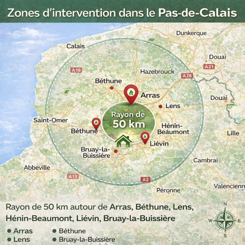 Carte montrant un rayon de 50 km autour de la ville d’Arras dans le Pas-de-Calais