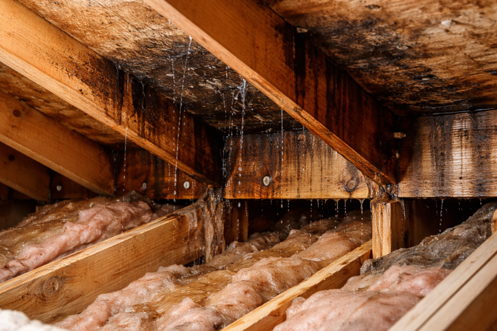 Charpente endommagée par une infiltration d’eau avec traces d’humidité